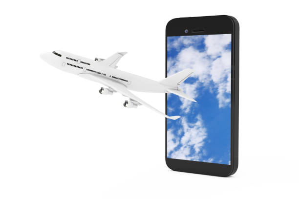 istock White Jet Passenger's Airplane Fly from Mobile Phone with Blue Sky on the Screen. 3d Rendering 1163971588