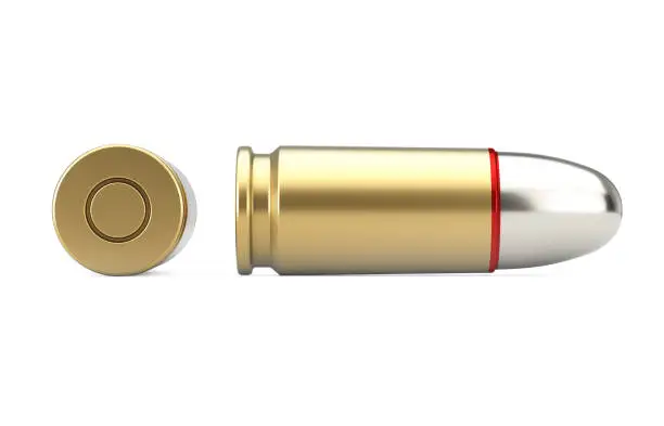 9 mm Metal Gun Bullet on a white background. 3d Rendering