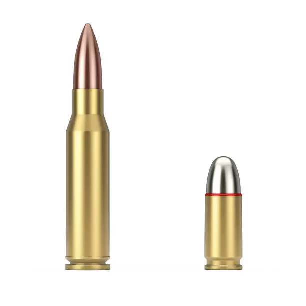 Automatic Rifles 7.62 mm Caliber and 9 mm Metal Gun Bullet on a white background. 3d Rendering