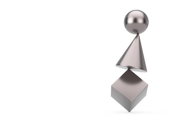 Metal Cube, Sphere and Cone in Balance Concept on a white background. 3d Rendering