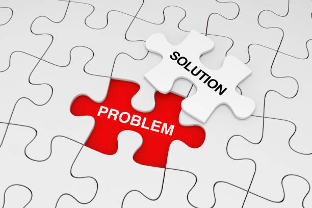 One Piece of White Jigsaw Puzzle over Plain of White Puzzle with Problem and Solution Words. 3d Rendering stock photo