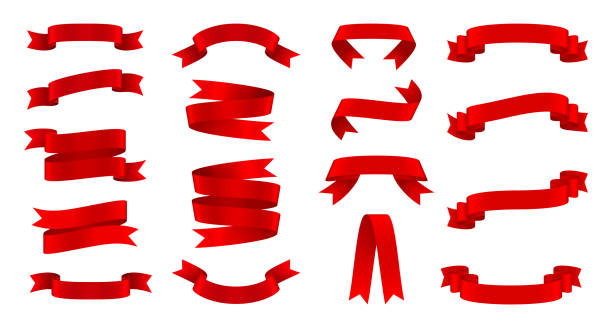 zestaw jedwabnych czerwonych wstążek, dekoracyjny element projektu - red ribbon stock illustrations