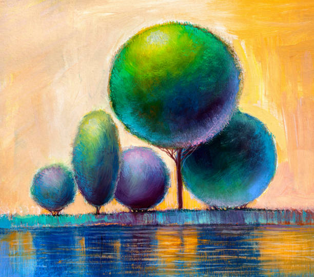 istock Abstract trees on the river bank. Original painting. 1163973112