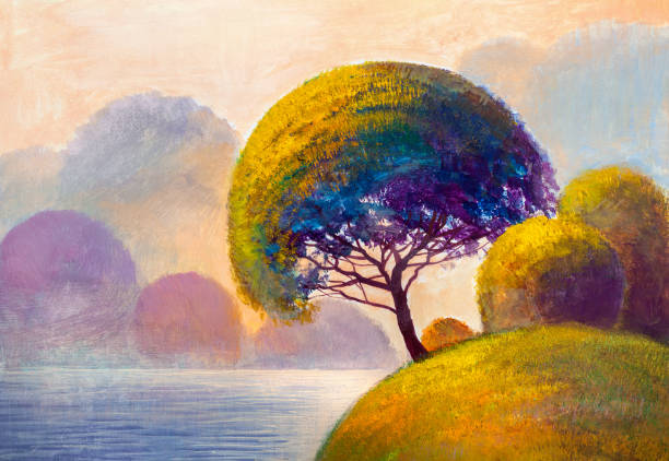 istock Abstract trees on the river bank. Original painting. 1163973134