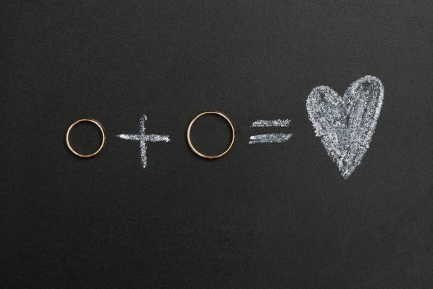Wedding rings and plus and heart drawing with calk on board. Husband and wife or groom and bride, married couple concept.