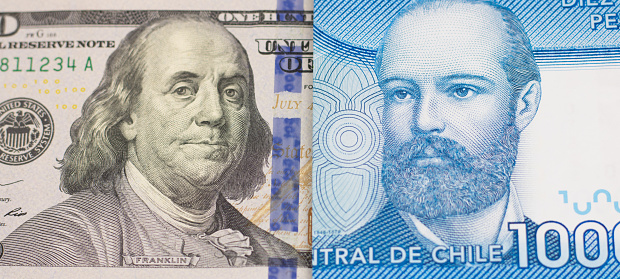 High resolution image. One hundred american dollar and ten thousands chilean pesos banknotes