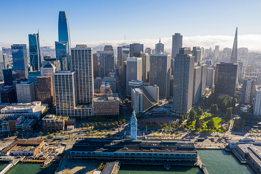 Aerial view of San Francisco Ferry Building on waterfront in San Francisco, California, USA.
