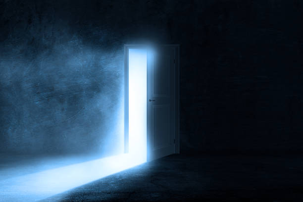 Interior dark room with dark concentrate floor with fog and mist. with opened door stock photo