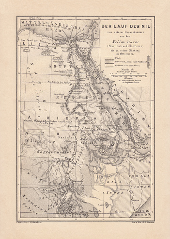 Historical map of the course of the Nile river from the source areal to the mouth. Wood engraving, published in 1879.