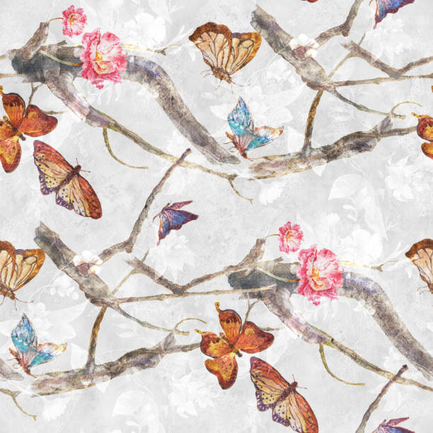 istock Watercolor painting of butterfly and flowers, seamless pattern on white background 1163978683