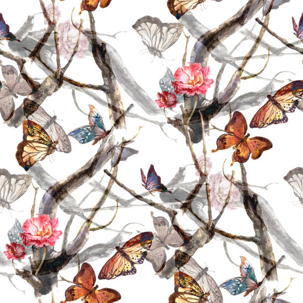 istock Watercolor painting of butterfly and flowers, seamless pattern on white background 1163978719