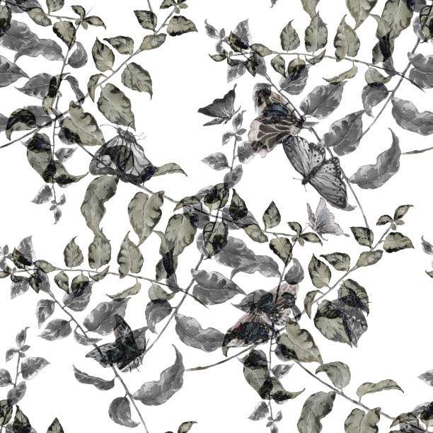 istock Watercolor illustration of leaf,butterfly, seamless pattern on white background 1163978781