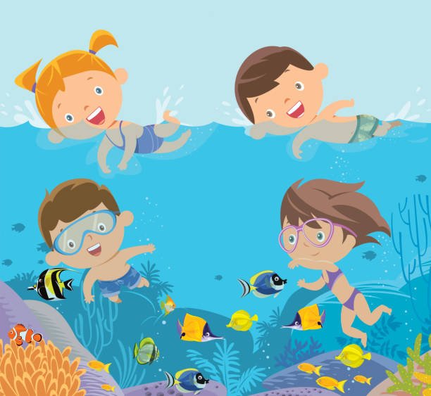 illustrations, cliparts, dessins animés et icônes de enfants nageant - natural pool fish sea water