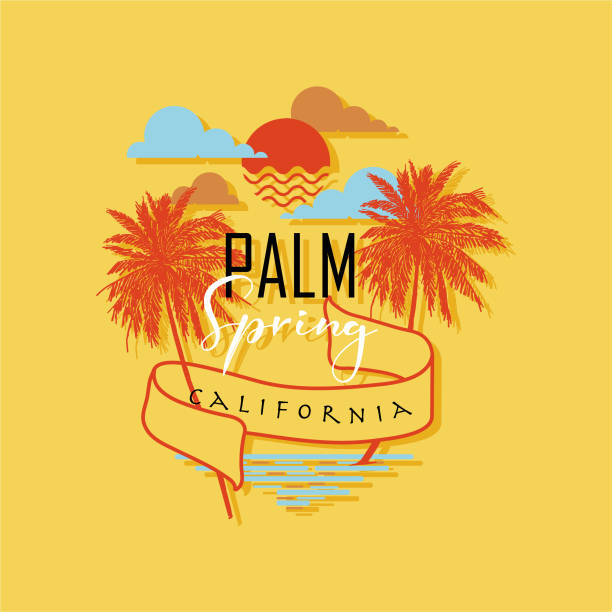 istock Palm spring in California beach text and hand drawn palm trees with sunny sky vector illustrations. Design For t-shirt ,fashion, fabric, web, and all prints 1163980391