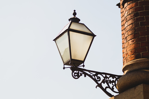 Vintage street lamp against the sky. Retro lantern. copy space