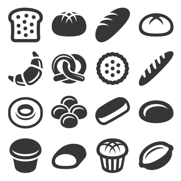 illustrazioni stock, clip art, cartoni animati e icone di tendenza di panetteria e pasticceria. set di icone del pane. vettore - bun