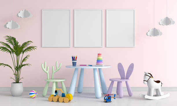 istock Three empty photo frame for mockup in pink child room, 3D rendering 1163982460