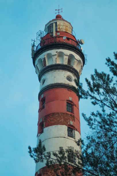 istock Lighthouse in the forest among the trees. red and white lighthouse 1163982550