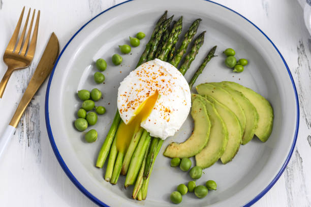istock Poached eggs with asparagus, avocado and green peas 1163983612