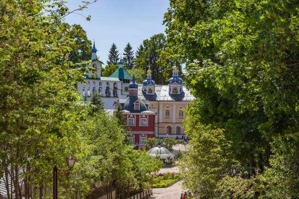 Holy Dormition Pskovo-Pechersky Monastery (Pskov-Caves Monastery). Temple complex stock photo