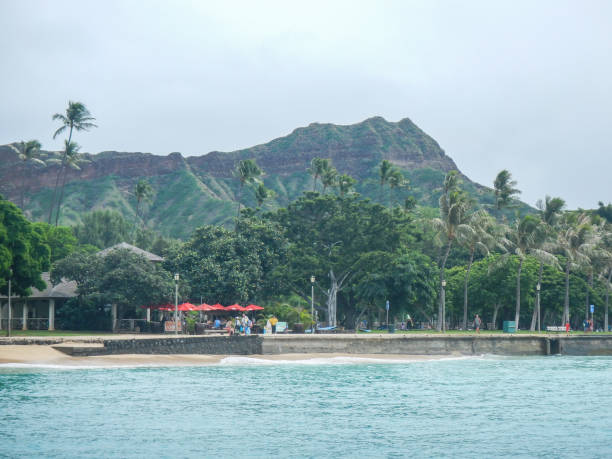 playa de waikiki, honolulu visto desde el agua en el mar - oahu water sand beach fotografías e imágenes de stock