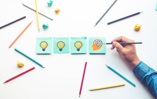 Ideas inspiration concepts with drawing brain in head and lightbulb on notepaper background Ideas inspiration concepts with drawing brain in head and lightbulb on notepaper background.Business creativity.human performance man with a light bulb over his head stock pictures, royalty-free photos & images