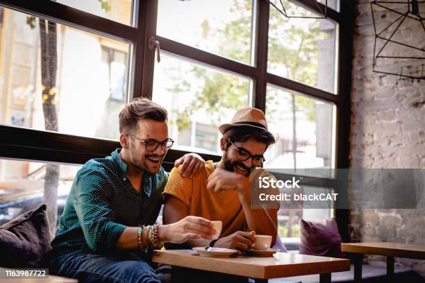 Gay Couple In A Cafe Lgbt Men Stock Photo - Download Image Now - Gay Couple, LGBTQIA People, LGBTQIA Rights