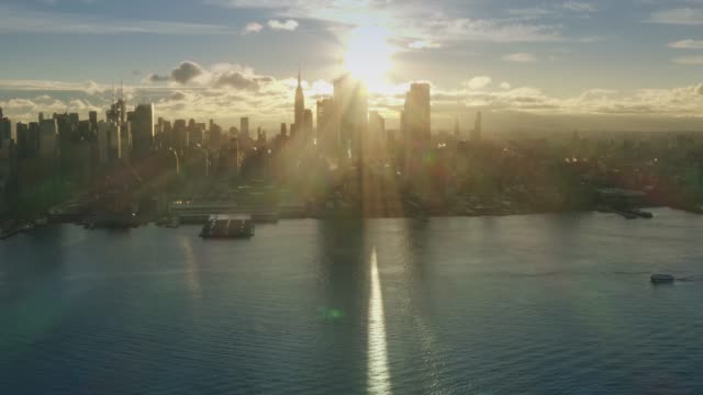 Aerial View Sunrise at New York City and sunflares 4k Midtown Sunrise series