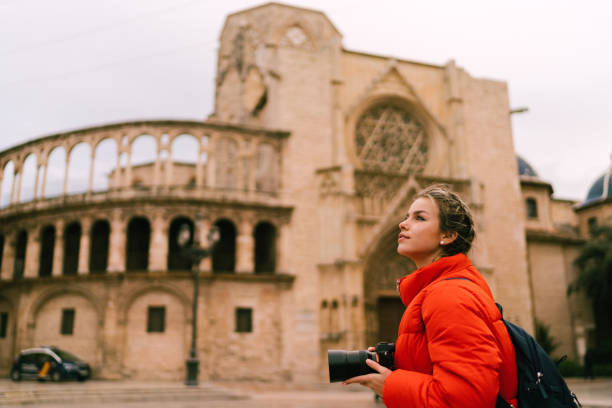 Woman traveling single in Europe,Plaza de la Virgen,Valencia
