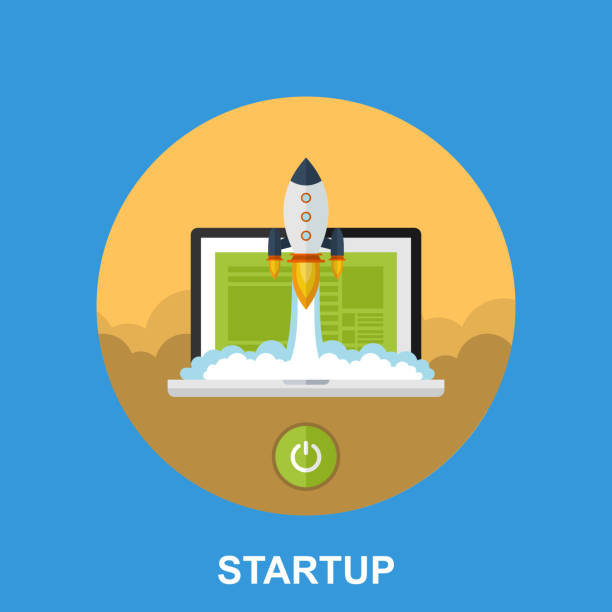istock Startup Business Concept. Flat Vector Illustration of Laptop with Rocketship 1163994995