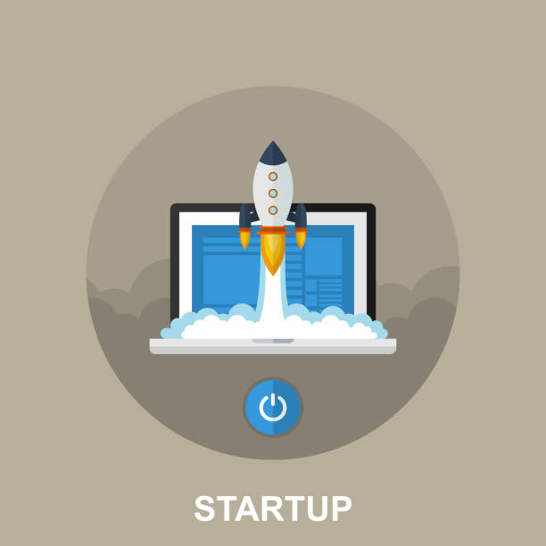 istock Startup Business Concept. Flat Vector Illustration of Laptop with Rocketship 1163995024