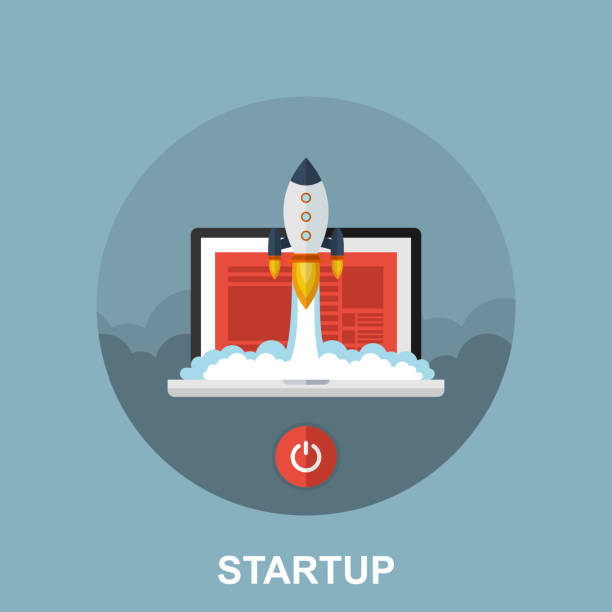 istock Startup Business Concept. Flat Vector Illustration of Laptop with Rocketship 1163995029