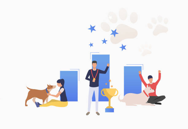 ilustrações, clipart, desenhos animados e ícones de proprietários do cão que comemoram a vitória na mostra de cão - pista de aterragem