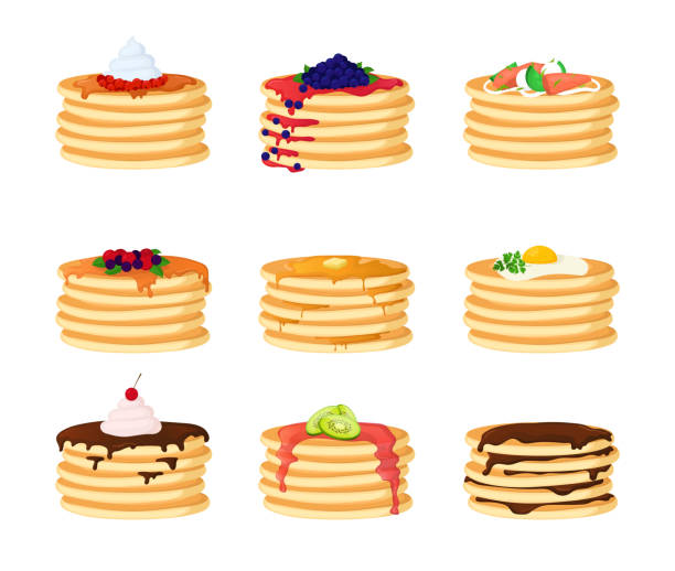 illustrazioni stock, clip art, cartoni animati e icone di tendenza di pancake a colori dei cartoni animati con diversi set di condimenti. vettore - honey caramel syrup fruit