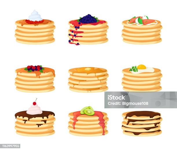 Pancake A Colori Dei Cartoni Animati Con Diversi Set Di Condimenti Vettore - Immagini vettoriali stock e altre immagini di Pancake