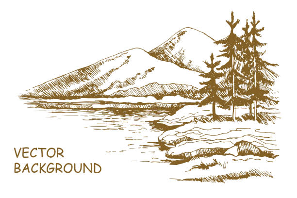 Landscape sketch Alaska background Alaska skyline sketch. Illustration of mountains scenery and lake with alaska pine trees, hand drawn isolated on white background. lake stock illustrations