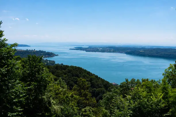 The turquoise Lake Constance seen from above, green bushes and trees framing the image