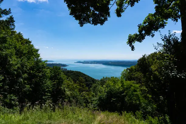 The turquoise Lake Constance seen from above, green bushes and trees framing the image