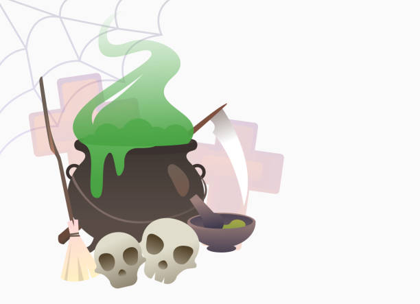 hexenkessel aus grünem trank mit schädeln, pinsel und scythe - halloween witchs hat witch autumn stock-grafiken, -clipart, -cartoons und -symbole