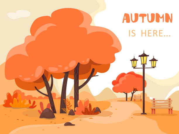 ilustrações de stock, clip art, desenhos animados e ícones de autumn background autumn is here ... vector illustration. handwriting text, lettering. - scenics pedestrian walkway footpath bench