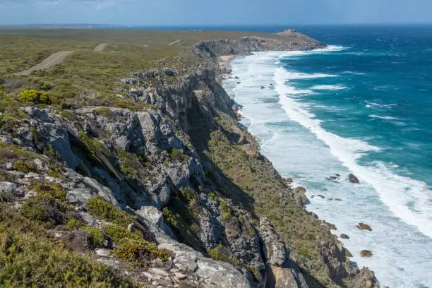 Photo of Kangaroo Island coastline with Remarkable Rocks in distance, South Australia