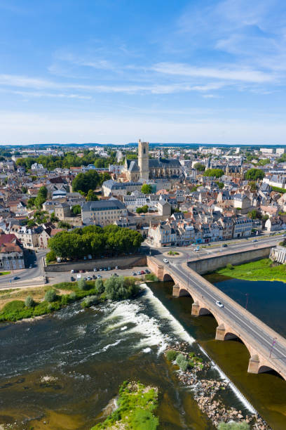 Vertical view of Nevers and the Loire Bridge stock photo