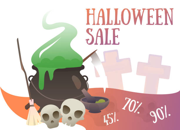 halloween-verkaufsbanner mit hexenkessel aus grünem trank - halloween witchs hat witch autumn stock-grafiken, -clipart, -cartoons und -symbole