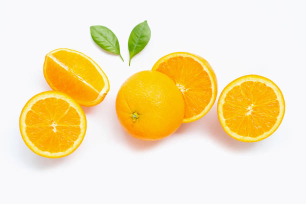 istock Fresh orange citrus fruit with leaves isolated on white background. 1164013671
