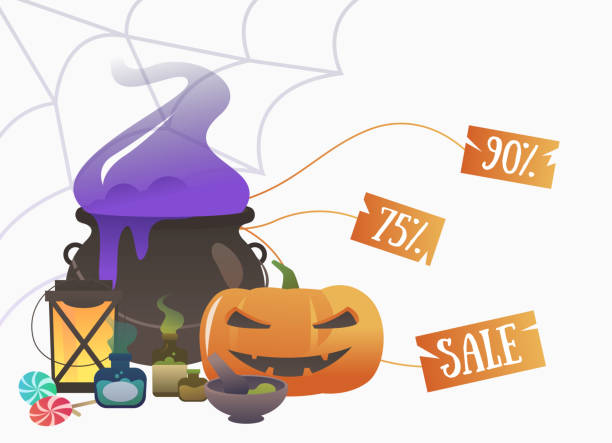 hexenkessel mit verkaufsförderungs-tags - halloween witchs hat witch autumn stock-grafiken, -clipart, -cartoons und -symbole