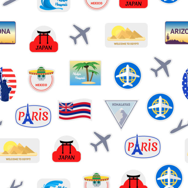 ilustraciones, imágenes clip art, dibujos animados e iconos de stock de dibujos animados color travel pegatinas suitcase seamless pattern fondo. vector - eco tourism