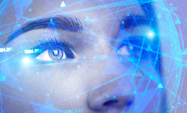 Beautiful woman face, AI concept Face of beautiful woman with double exposure of network interface. Concept of artificial intelligence and machine learning. Toned image biometrics photos stock pictures, royalty-free photos & images