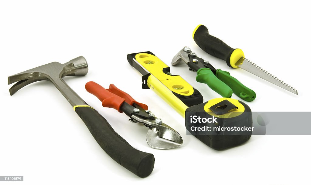 Seis profesional Carpenter herramientas aislado sobre blanco - Foto de stock de Agujero libre de derechos