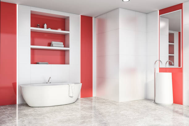 istock White and red bathroom corner, tub and shelves 1164015937