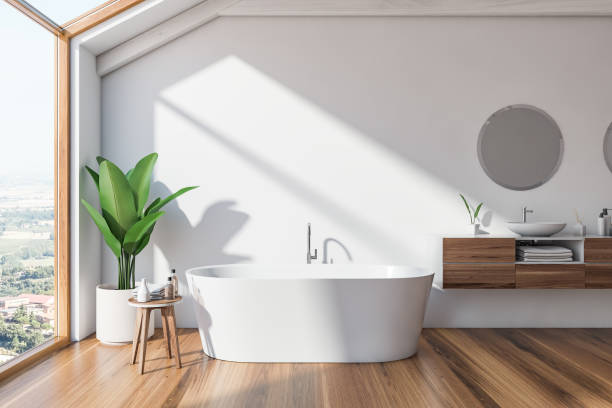 istock Loft Scandinavian bathroom interior, tub and sink 1164016205